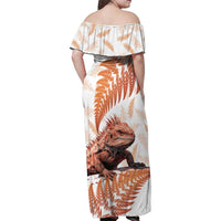 Red New Zealand Tuatara Family Matching Off Shoulder Maxi Dress and Hawaiian Shirt Aotearoa Sphenodon Punctatus Silver Fern
