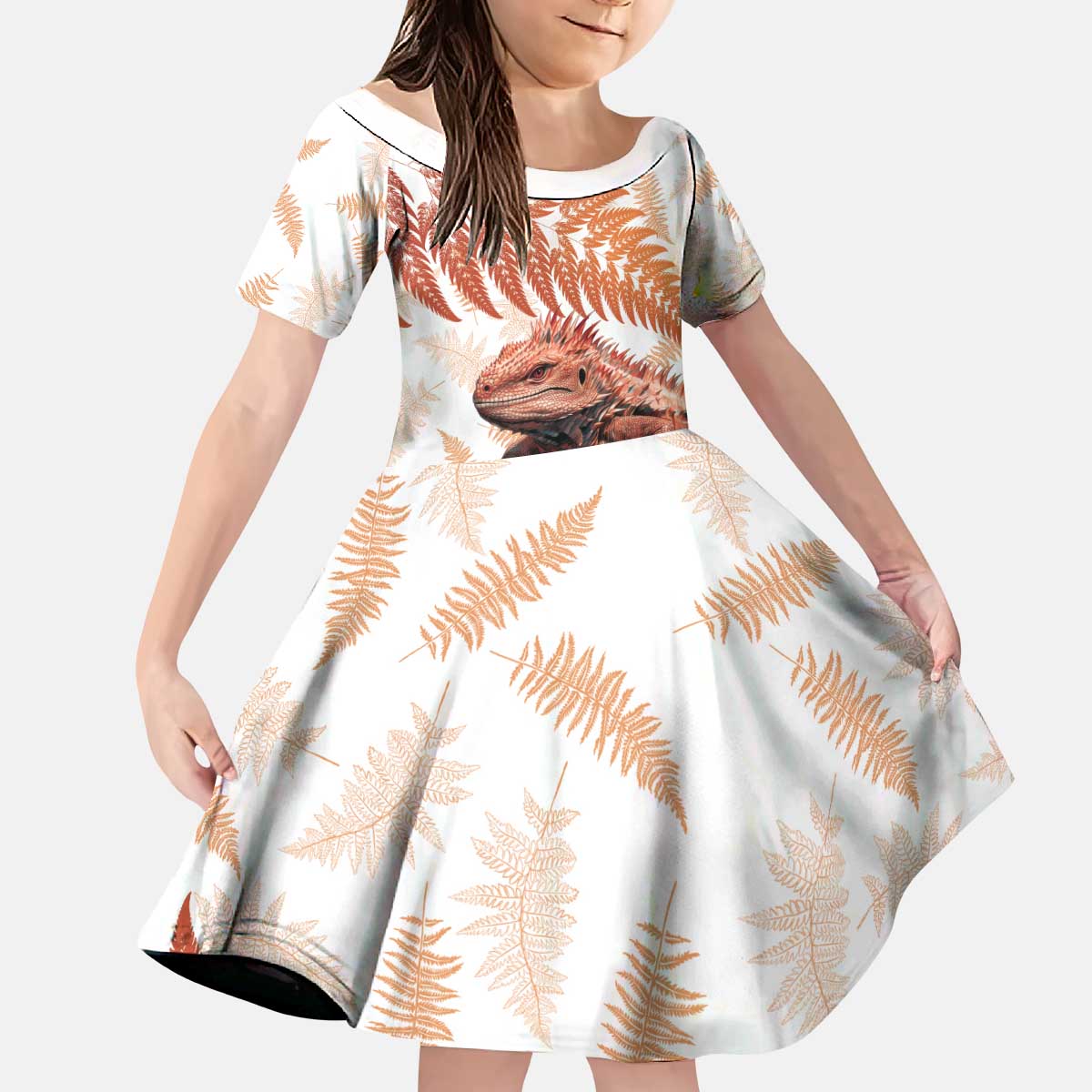 Red New Zealand Tuatara Family Matching Puletasi and Hawaiian Shirt Aotearoa Sphenodon Punctatus Silver Fern LT14 Daughter's Dress Red - Polynesian Pride