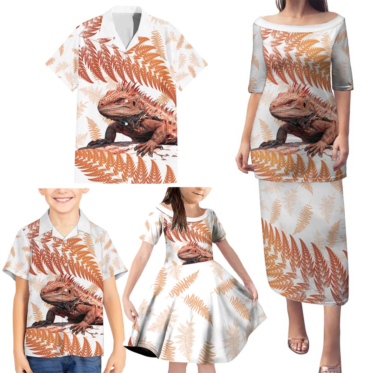Red New Zealand Tuatara Family Matching Puletasi and Hawaiian Shirt Aotearoa Sphenodon Punctatus Silver Fern LT14 - Polynesian Pride