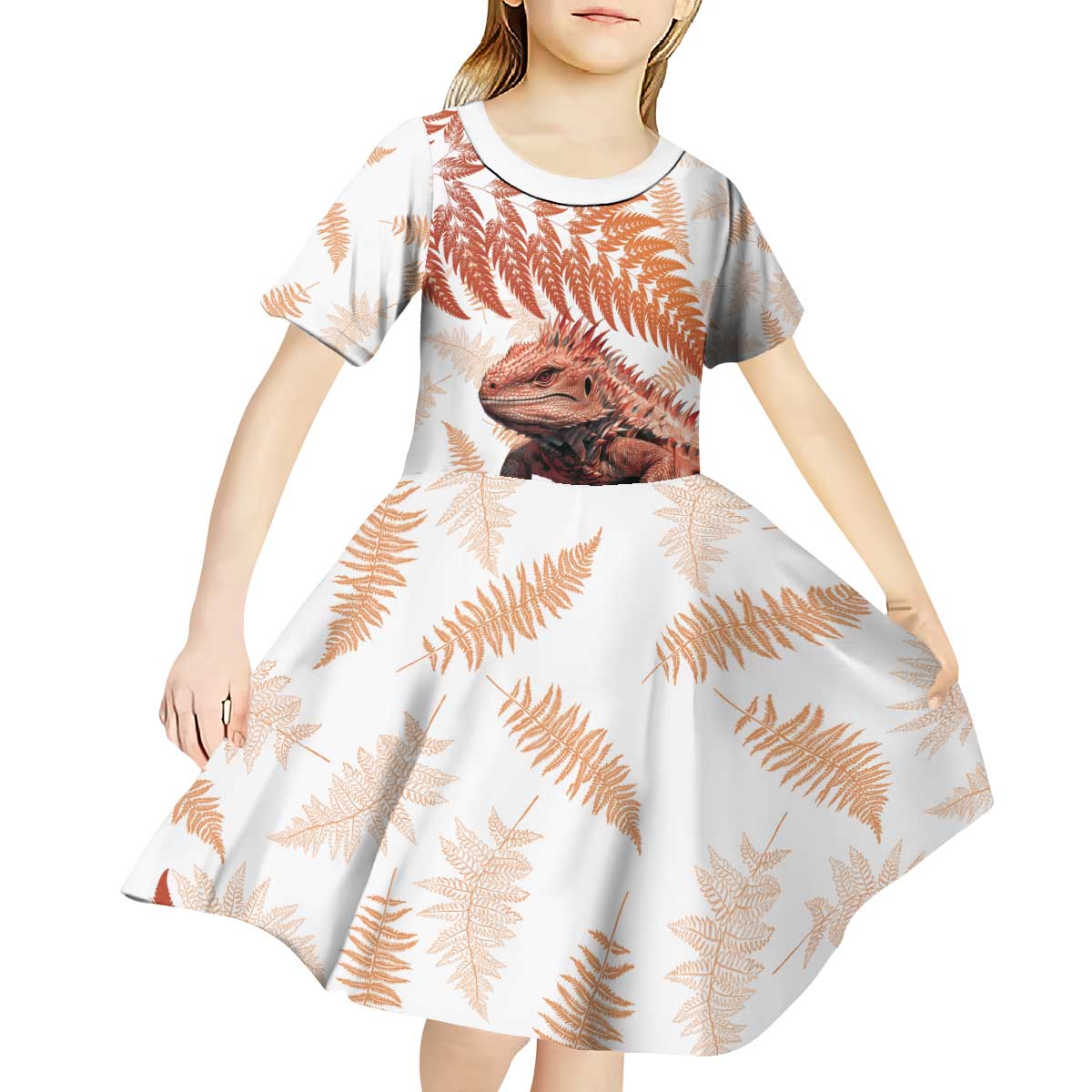 Red New Zealand Tuatara Kid Short Sleeve Dress Aotearoa Sphenodon Punctatus Silver Fern