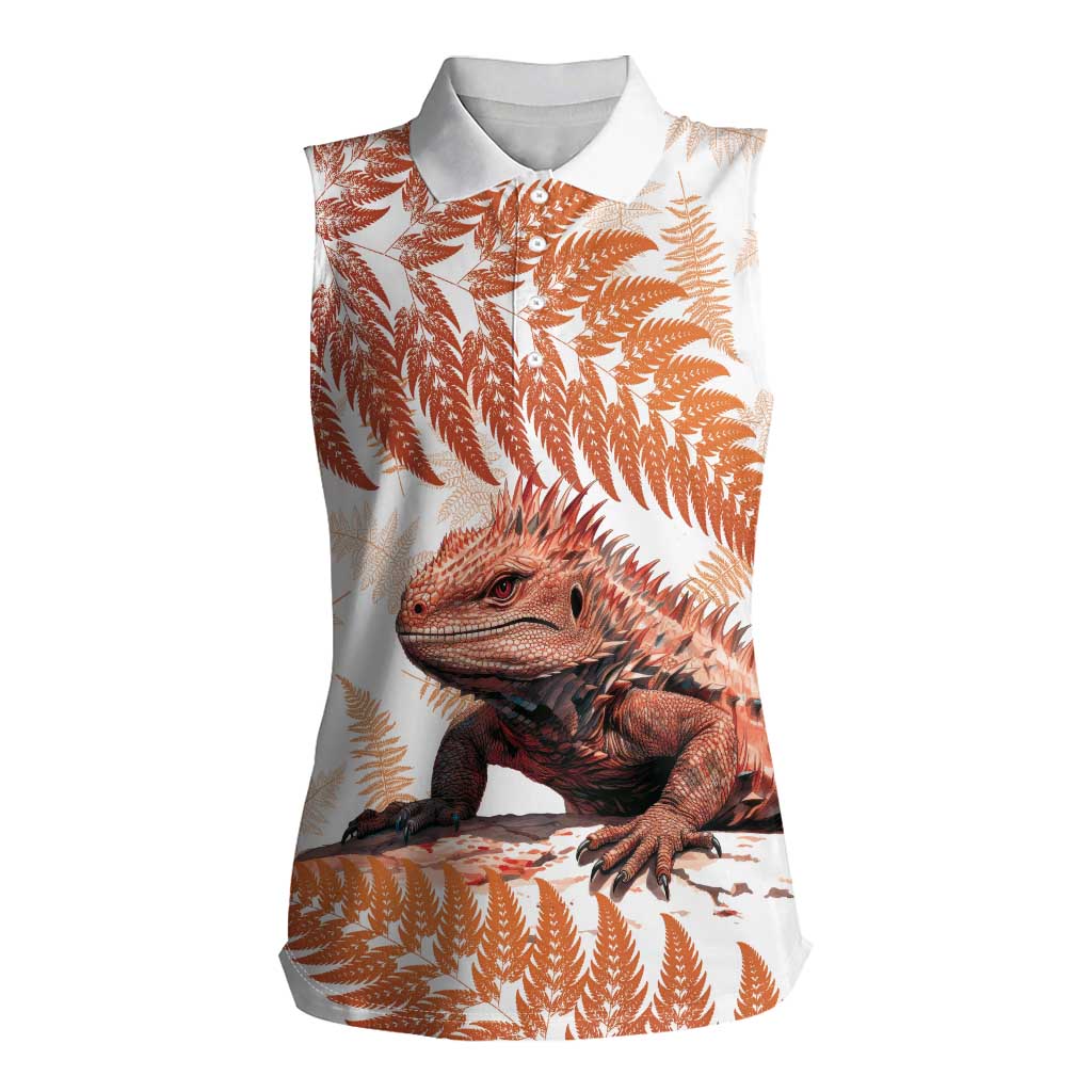 Red New Zealand Tuatara Women Sleeveless Polo Shirt Aotearoa Sphenodon Punctatus Silver Fern LT14 Female Red - Polynesian Pride