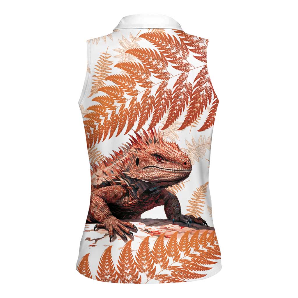 Red New Zealand Tuatara Women Sleeveless Polo Shirt Aotearoa Sphenodon Punctatus Silver Fern LT14 - Polynesian Pride
