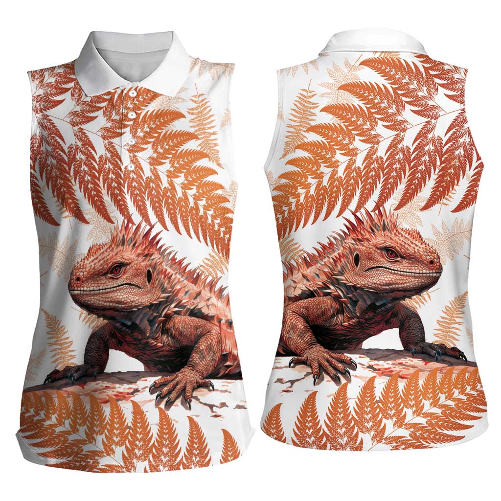Red New Zealand Tuatara Women Sleeveless Polo Shirt Aotearoa Sphenodon Punctatus Silver Fern LT14 - Polynesian Pride