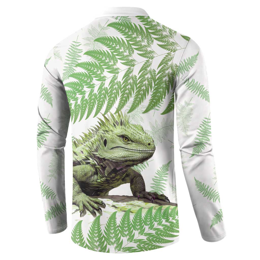 Green New Zealand Tuatara Button Sweatshirt Aotearoa Sphenodon Punctatus Silver Fern