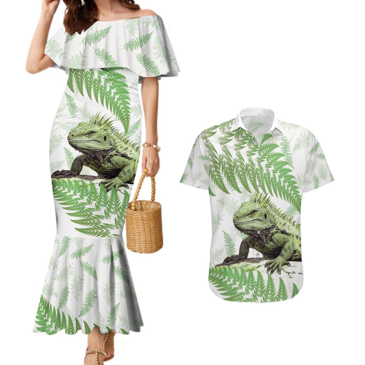 Green New Zealand Tuatara Couples Matching Mermaid Dress and Hawaiian Shirt Aotearoa Sphenodon Punctatus Silver Fern LT14 Green - Polynesian Pride