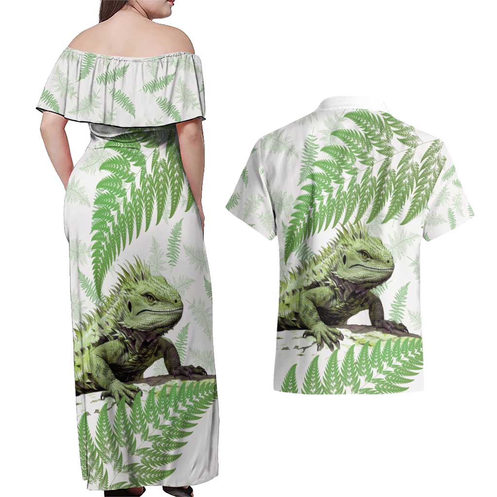 Green New Zealand Tuatara Couples Matching Off Shoulder Maxi Dress and Hawaiian Shirt Aotearoa Sphenodon Punctatus Silver Fern
