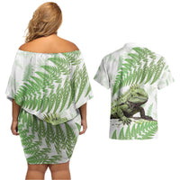 Green New Zealand Tuatara Couples Matching Off Shoulder Short Dress and Hawaiian Shirt Aotearoa Sphenodon Punctatus Silver Fern LT14 - Polynesian Pride