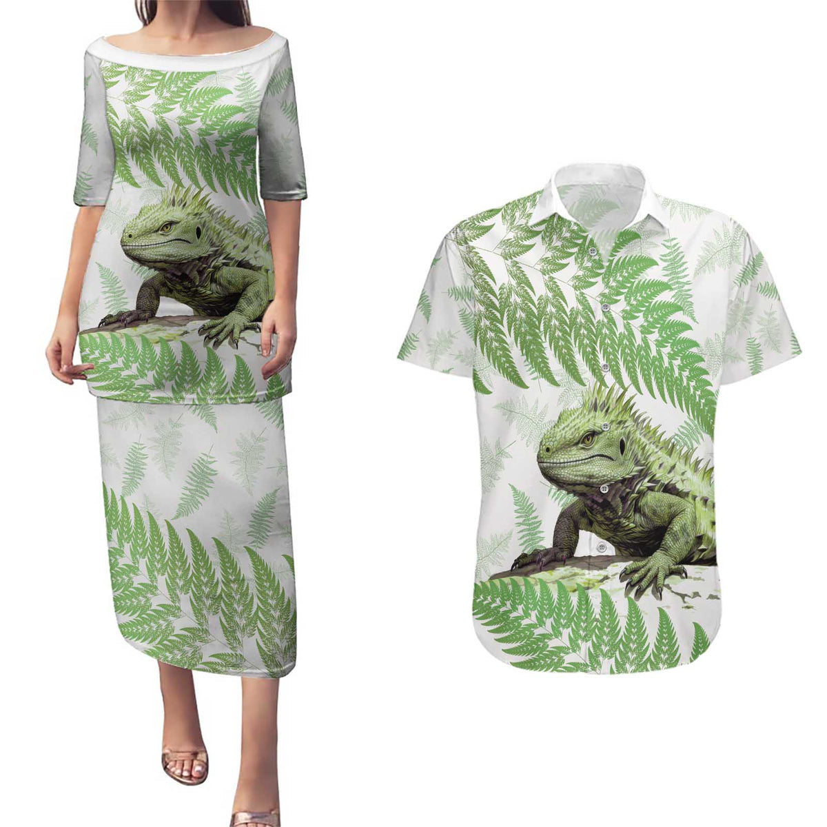 Green New Zealand Tuatara Couples Matching Puletasi and Hawaiian Shirt Aotearoa Sphenodon Punctatus Silver Fern LT14 Green - Polynesian Pride