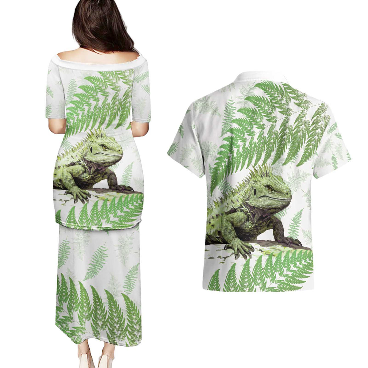 Green New Zealand Tuatara Couples Matching Puletasi and Hawaiian Shirt Aotearoa Sphenodon Punctatus Silver Fern LT14 - Polynesian Pride