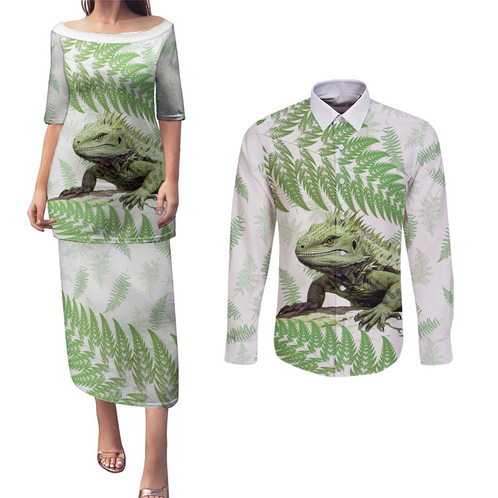 Green New Zealand Tuatara Couples Matching Puletasi and Long Sleeve Button Shirt Aotearoa Sphenodon Punctatus Silver Fern LT14 Green - Polynesian Pride