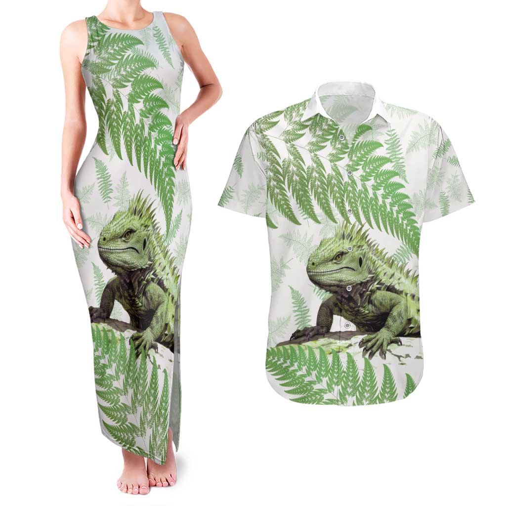 Green New Zealand Tuatara Couples Matching Tank Maxi Dress and Hawaiian Shirt Aotearoa Sphenodon Punctatus Silver Fern LT14 Green - Polynesian Pride