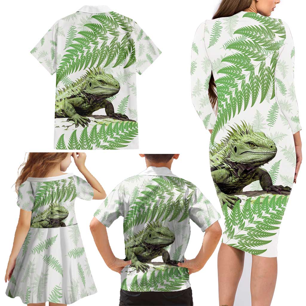 Green New Zealand Tuatara Family Matching Long Sleeve Bodycon Dress and Hawaiian Shirt Aotearoa Sphenodon Punctatus Silver Fern LT14 - Polynesian Pride