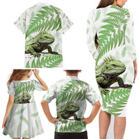 Green New Zealand Tuatara Family Matching Long Sleeve Bodycon Dress and Hawaiian Shirt Aotearoa Sphenodon Punctatus Silver Fern LT14 - Polynesian Pride