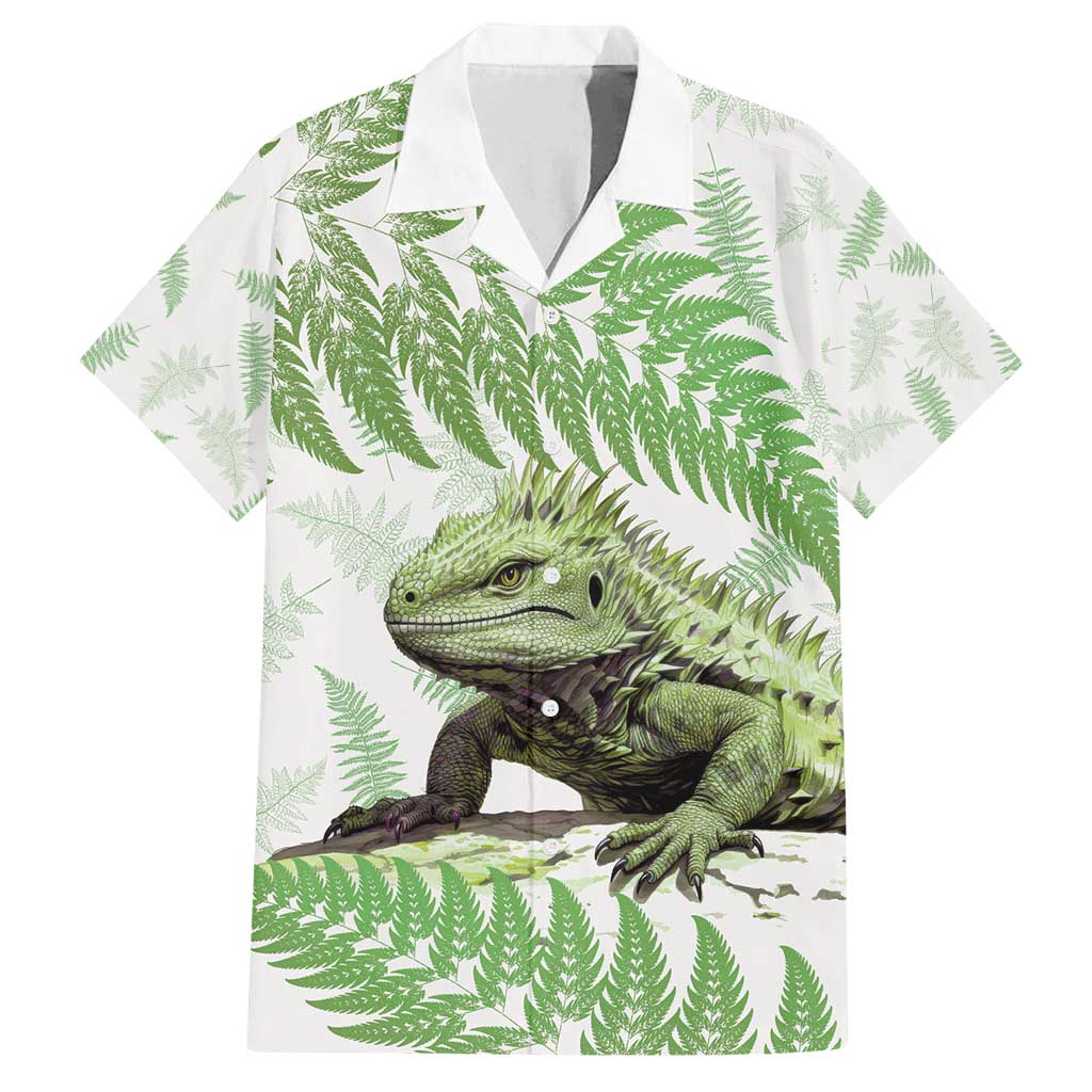 Green New Zealand Tuatara Family Matching Long Sleeve Bodycon Dress and Hawaiian Shirt Aotearoa Sphenodon Punctatus Silver Fern LT14 Dad's Shirt - Short Sleeve Green - Polynesian Pride