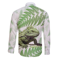 Green New Zealand Tuatara Family Matching Long Sleeve Bodycon Dress and Hawaiian Shirt Aotearoa Sphenodon Punctatus Silver Fern LT14 - Polynesian Pride