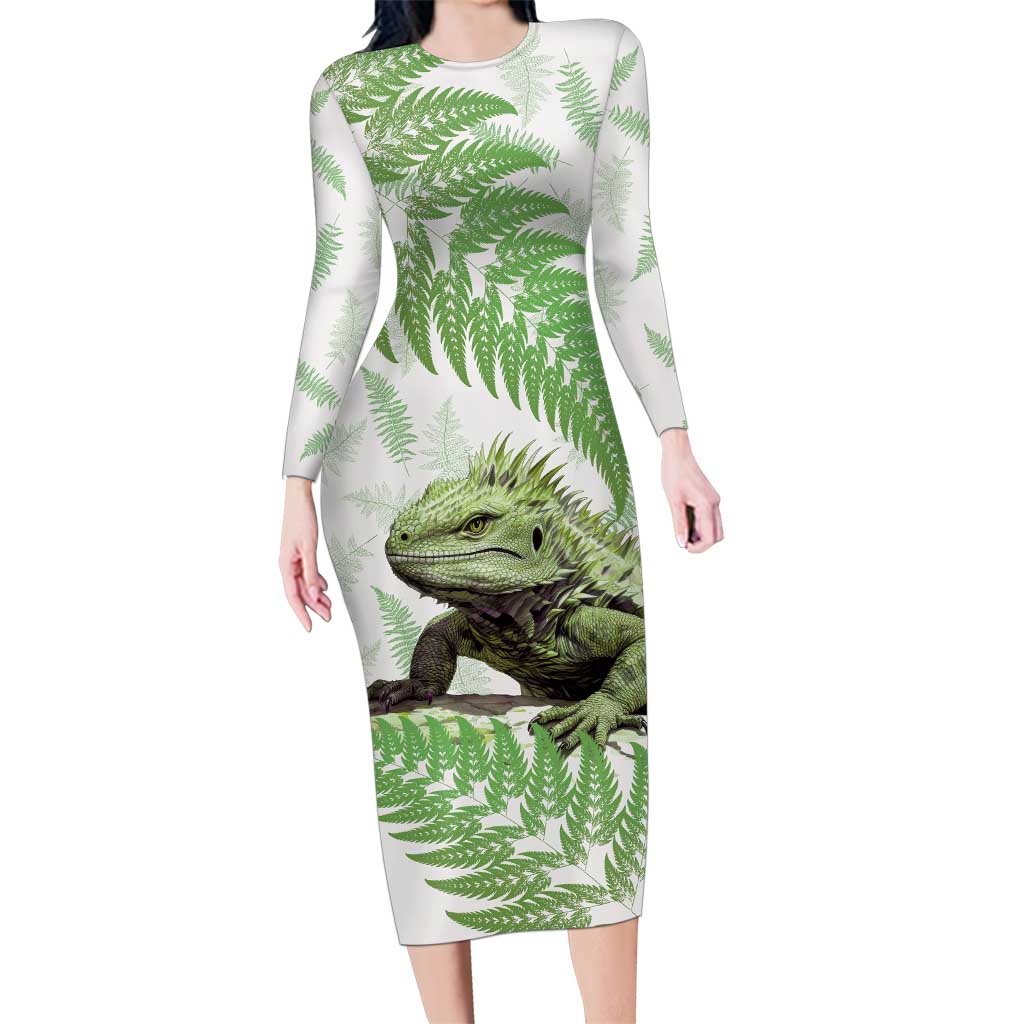 Green New Zealand Tuatara Family Matching Long Sleeve Bodycon Dress and Hawaiian Shirt Aotearoa Sphenodon Punctatus Silver Fern LT14 Mom's Dress Green - Polynesian Pride