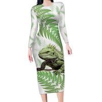 Green New Zealand Tuatara Family Matching Long Sleeve Bodycon Dress and Hawaiian Shirt Aotearoa Sphenodon Punctatus Silver Fern LT14 Mom's Dress Green - Polynesian Pride