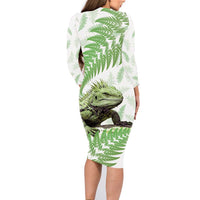 Green New Zealand Tuatara Family Matching Long Sleeve Bodycon Dress and Hawaiian Shirt Aotearoa Sphenodon Punctatus Silver Fern LT14 - Polynesian Pride