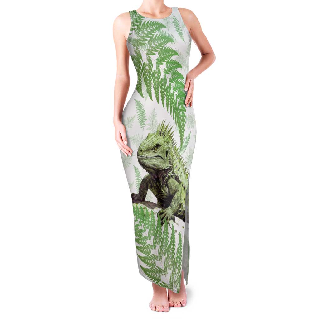 Green New Zealand Tuatara Family Matching Tank Maxi Dress and Hawaiian Shirt Aotearoa Sphenodon Punctatus Silver Fern