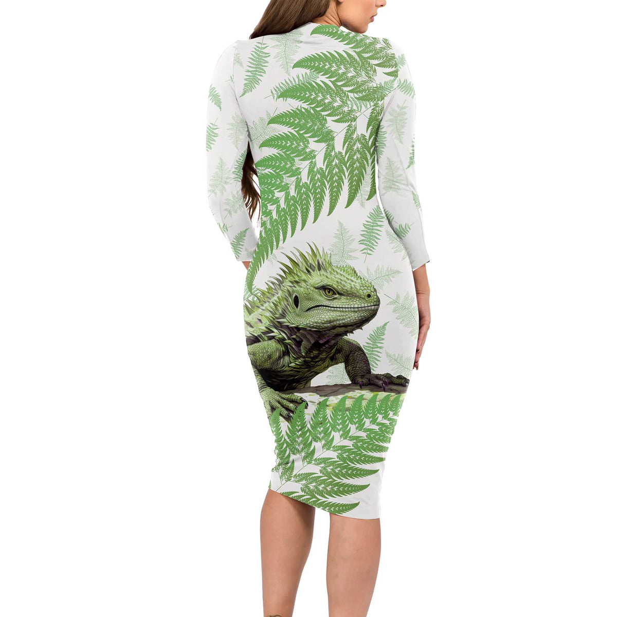 Green New Zealand Tuatara Long Sleeve Bodycon Dress Aotearoa Sphenodon Punctatus Silver Fern LT14 - Polynesian Pride