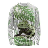 Green New Zealand Tuatara Long Sleeve Shirt Aotearoa Sphenodon Punctatus Silver Fern