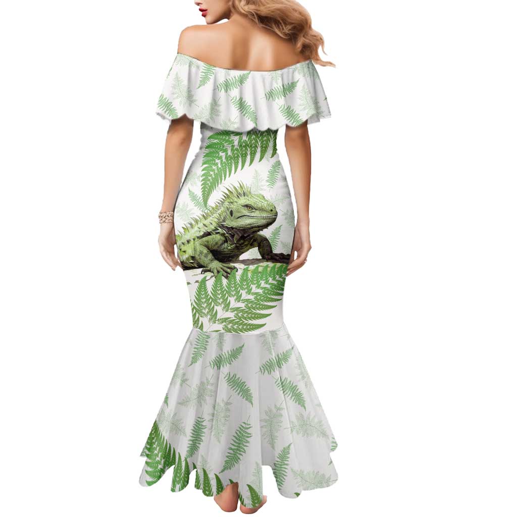 Green New Zealand Tuatara Mermaid Dress Aotearoa Sphenodon Punctatus Silver Fern LT14 - Polynesian Pride