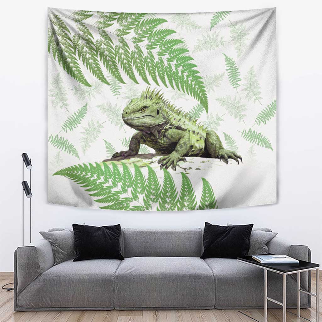 Green New Zealand Tuatara Tapestry Aotearoa Sphenodon Punctatus Silver Fern