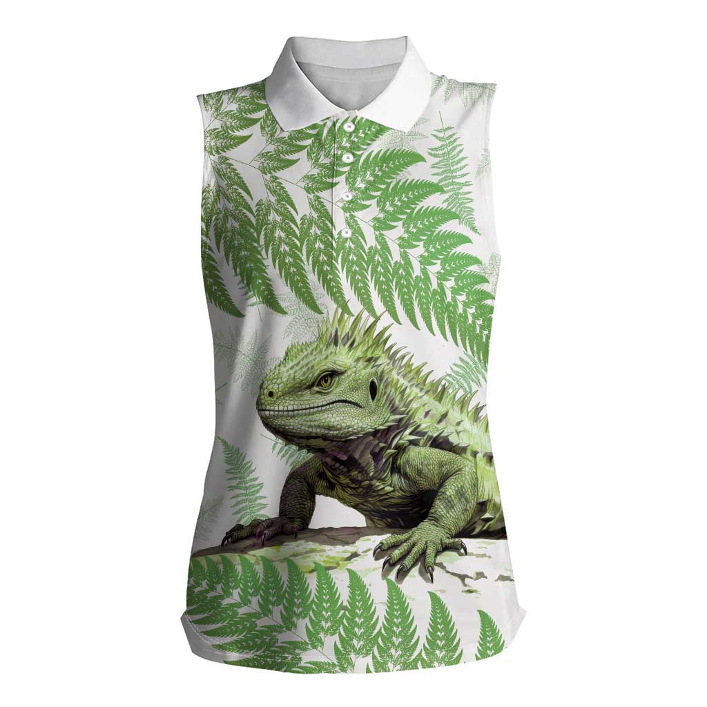 Green New Zealand Tuatara Women Sleeveless Polo Shirt Aotearoa Sphenodon Punctatus Silver Fern LT14 Female Green - Polynesian Pride