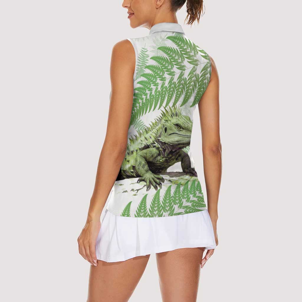 Green New Zealand Tuatara Women Sleeveless Polo Shirt Aotearoa Sphenodon Punctatus Silver Fern LT14 - Polynesian Pride