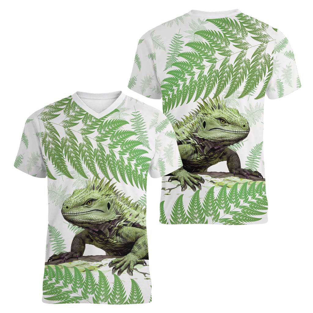 Green New Zealand Tuatara Women V-Neck T-Shirt Aotearoa Sphenodon Punctatus Silver Fern LT14 - Polynesian Pride