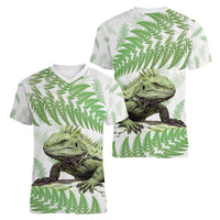 Green New Zealand Tuatara Women V-Neck T-Shirt Aotearoa Sphenodon Punctatus Silver Fern LT14 - Polynesian Pride