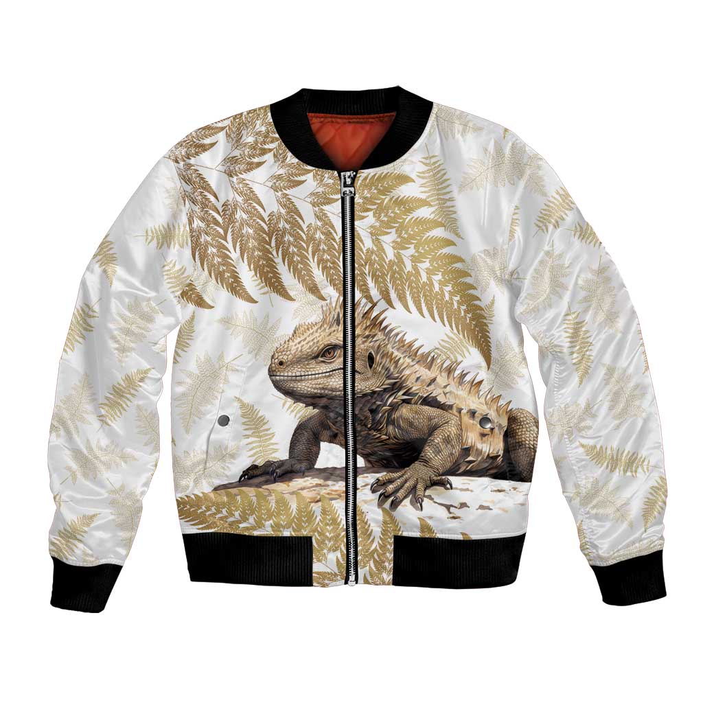 Gold New Zealand Tuatara Bomber Jacket Aotearoa Sphenodon Punctatus Silver Fern