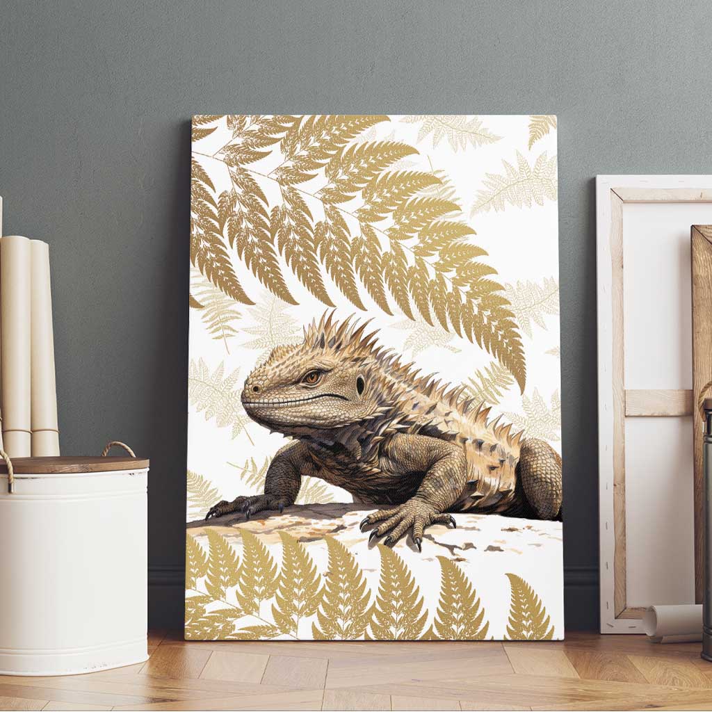 Gold New Zealand Tuatara Canvas Wall Art Aotearoa Sphenodon Punctatus Silver Fern