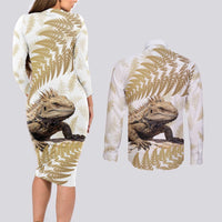 Gold New Zealand Tuatara Couples Matching Long Sleeve Bodycon Dress and Long Sleeve Button Shirt Aotearoa Sphenodon Punctatus Silver Fern LT14 - Polynesian Pride