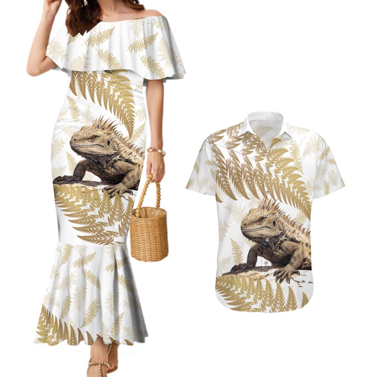 Gold New Zealand Tuatara Couples Matching Mermaid Dress and Hawaiian Shirt Aotearoa Sphenodon Punctatus Silver Fern LT14 Gold - Polynesian Pride