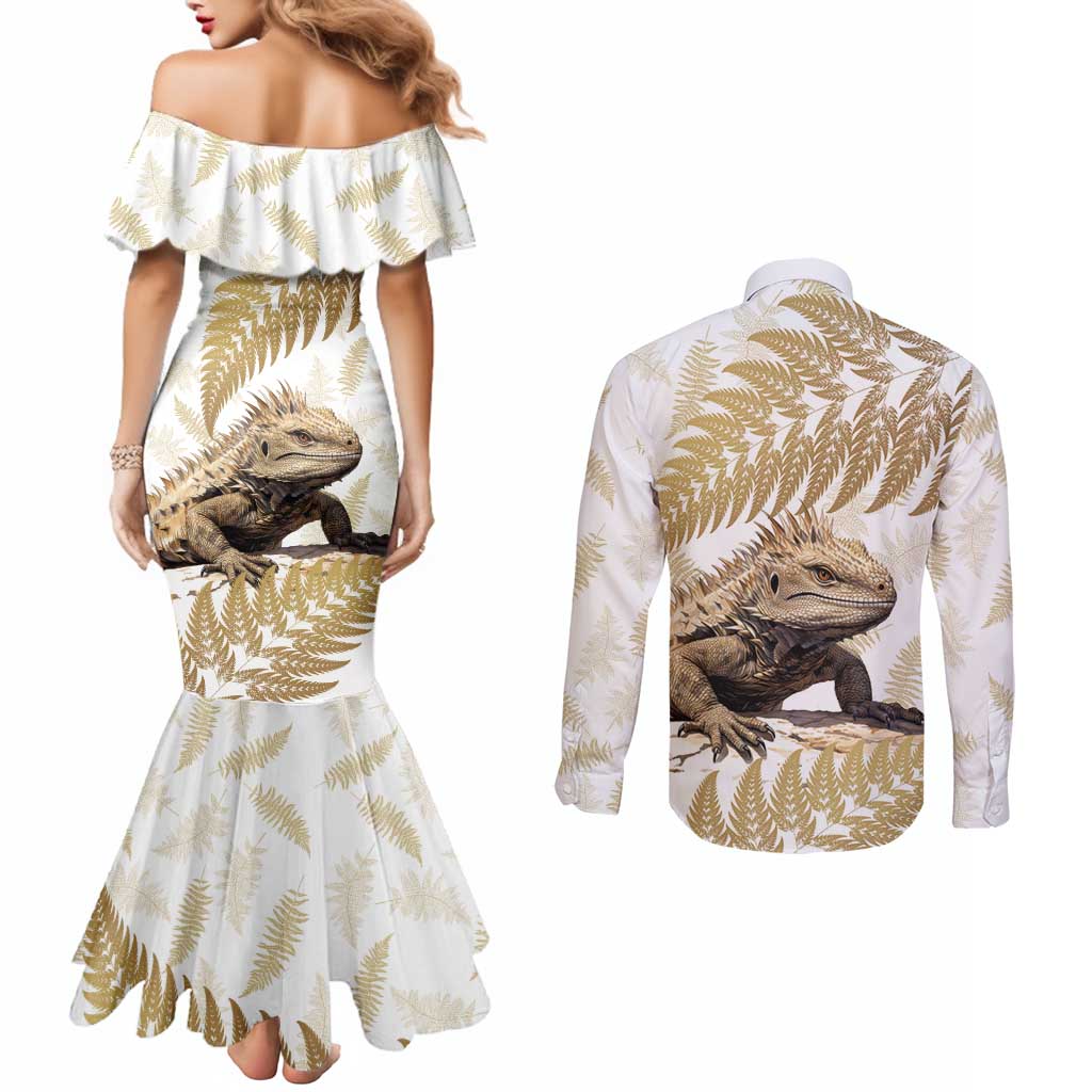 Gold New Zealand Tuatara Couples Matching Mermaid Dress and Long Sleeve Button Shirt Aotearoa Sphenodon Punctatus Silver Fern LT14 - Polynesian Pride