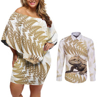 Gold New Zealand Tuatara Couples Matching Off Shoulder Short Dress and Long Sleeve Button Shirt Aotearoa Sphenodon Punctatus Silver Fern LT14 Gold - Polynesian Pride