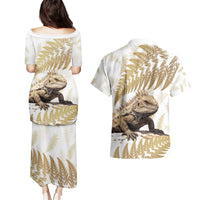 Gold New Zealand Tuatara Couples Matching Puletasi and Hawaiian Shirt Aotearoa Sphenodon Punctatus Silver Fern LT14 - Polynesian Pride