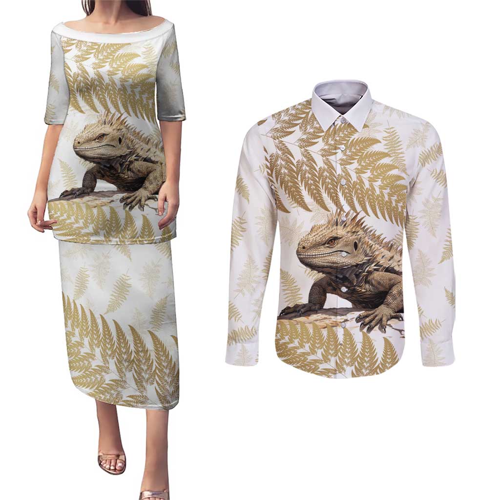 Gold New Zealand Tuatara Couples Matching Puletasi and Long Sleeve Button Shirt Aotearoa Sphenodon Punctatus Silver Fern LT14 Gold - Polynesian Pride