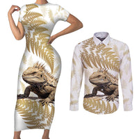 Gold New Zealand Tuatara Couples Matching Short Sleeve Bodycon Dress and Long Sleeve Button Shirt Aotearoa Sphenodon Punctatus Silver Fern LT14 Gold - Polynesian Pride
