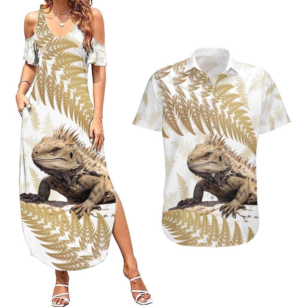 Gold New Zealand Tuatara Couples Matching Summer Maxi Dress and Hawaiian Shirt Aotearoa Sphenodon Punctatus Silver Fern LT14 Gold - Polynesian Pride