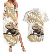Gold New Zealand Tuatara Couples Matching Summer Maxi Dress and Hawaiian Shirt Aotearoa Sphenodon Punctatus Silver Fern LT14 Gold - Polynesian Pride