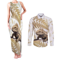 Gold New Zealand Tuatara Couples Matching Tank Maxi Dress and Long Sleeve Button Shirt Aotearoa Sphenodon Punctatus Silver Fern LT14 Gold - Polynesian Pride