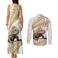 Gold New Zealand Tuatara Couples Matching Tank Maxi Dress and Long Sleeve Button Shirt Aotearoa Sphenodon Punctatus Silver Fern LT14 - Polynesian Pride