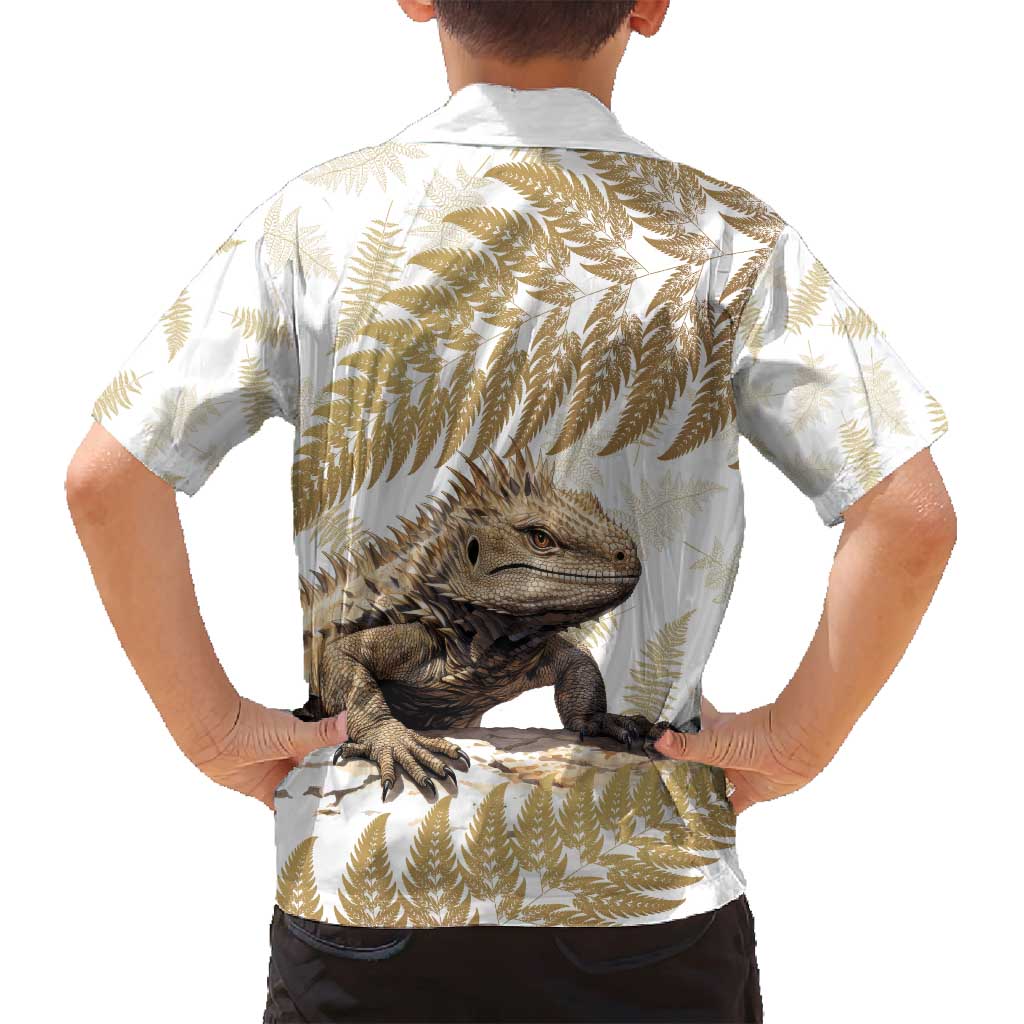 Gold New Zealand Tuatara Family Matching Long Sleeve Bodycon Dress and Hawaiian Shirt Aotearoa Sphenodon Punctatus Silver Fern LT14 - Polynesian Pride