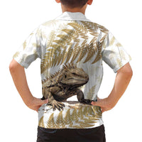 Gold New Zealand Tuatara Family Matching Long Sleeve Bodycon Dress and Hawaiian Shirt Aotearoa Sphenodon Punctatus Silver Fern LT14 - Polynesian Pride