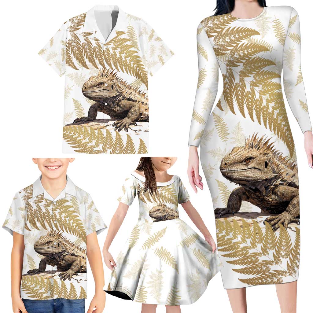 Gold New Zealand Tuatara Family Matching Long Sleeve Bodycon Dress and Hawaiian Shirt Aotearoa Sphenodon Punctatus Silver Fern LT14 - Polynesian Pride