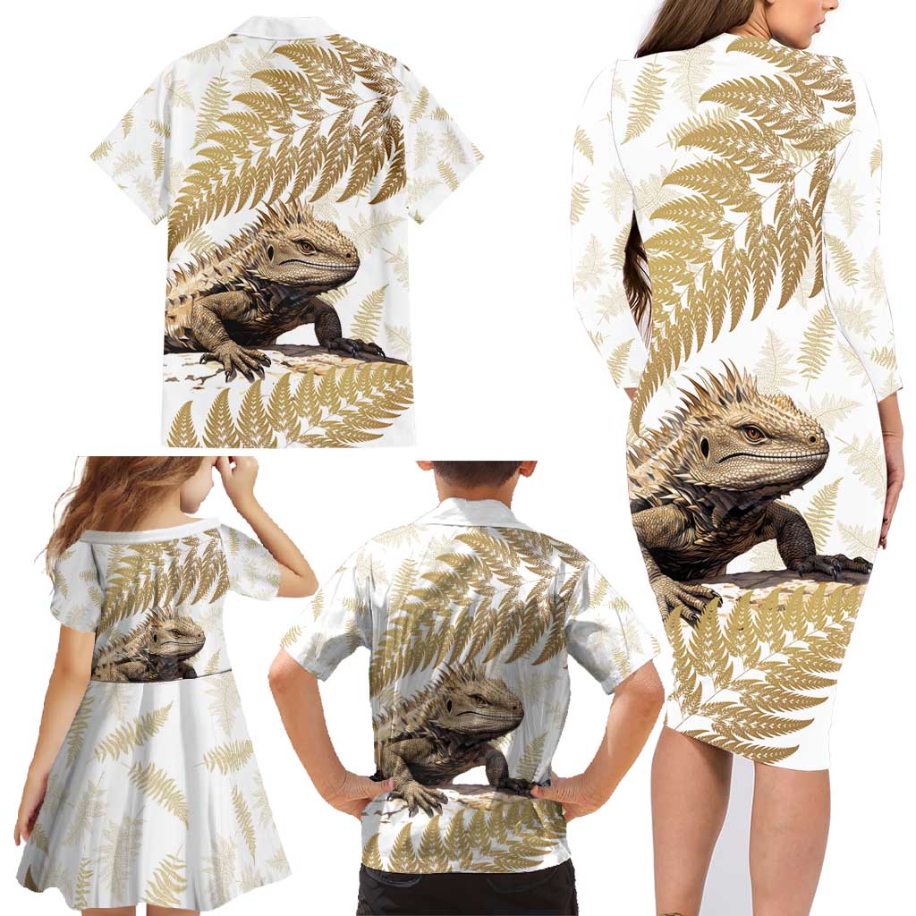 Gold New Zealand Tuatara Family Matching Long Sleeve Bodycon Dress and Hawaiian Shirt Aotearoa Sphenodon Punctatus Silver Fern LT14 - Polynesian Pride