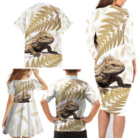 Gold New Zealand Tuatara Family Matching Long Sleeve Bodycon Dress and Hawaiian Shirt Aotearoa Sphenodon Punctatus Silver Fern LT14 - Polynesian Pride