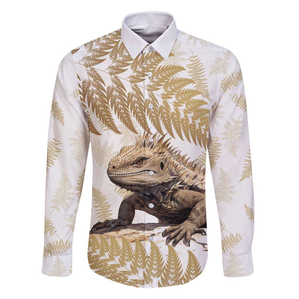 Gold New Zealand Tuatara Family Matching Long Sleeve Bodycon Dress and Hawaiian Shirt Aotearoa Sphenodon Punctatus Silver Fern LT14 Dad's Shirt - Long Sleeve Gold - Polynesian Pride